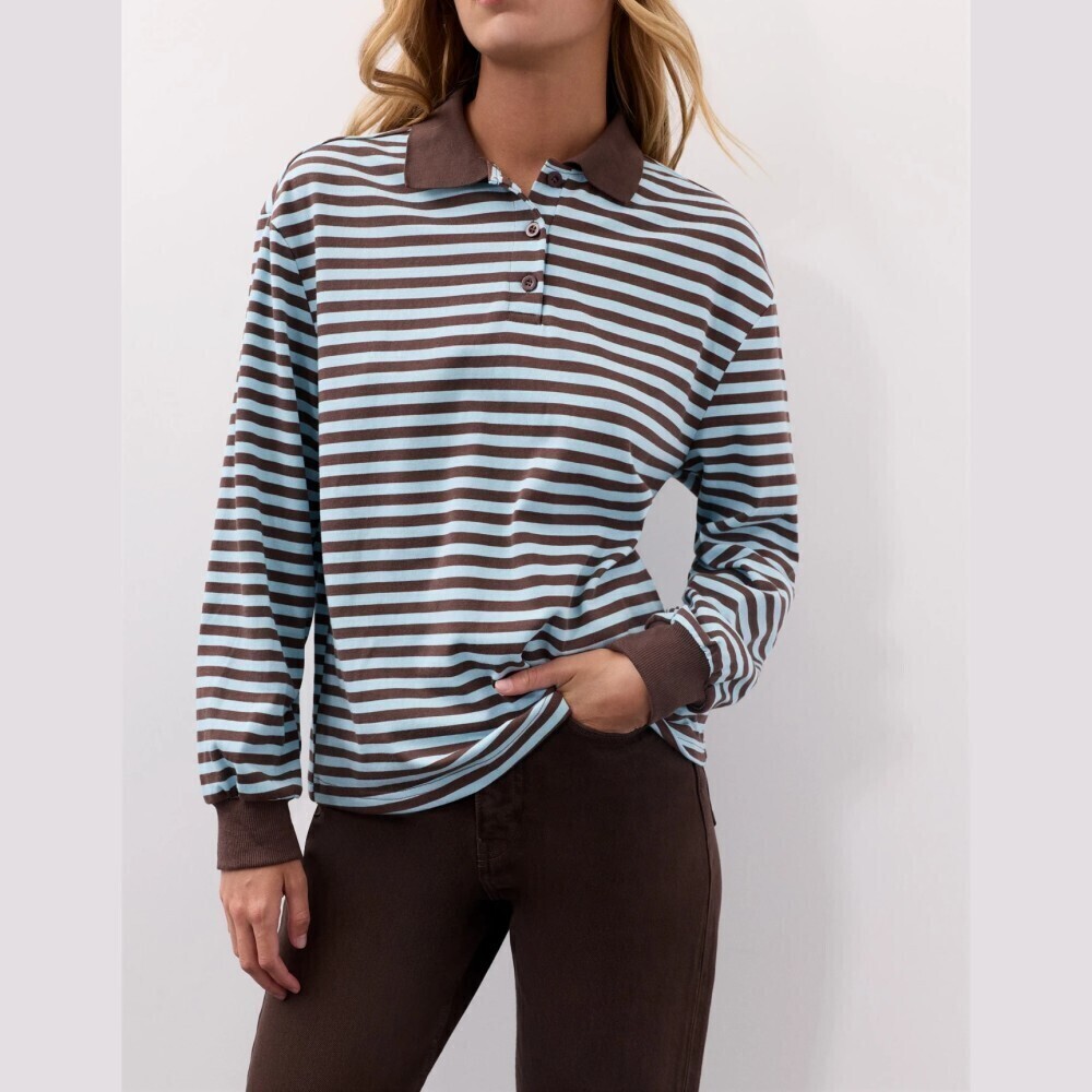 Brown Striped Contrast Collar Oversized Long Sleeve Polo Shirt